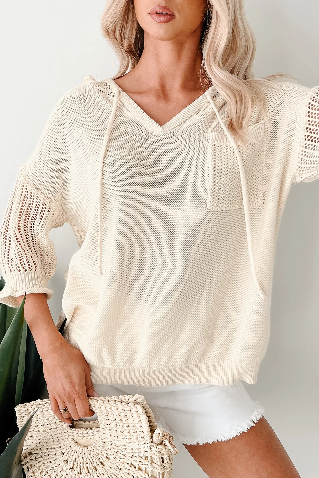 Sanft Bezaubernd Leichter Strickkapuzenpullover (Creme)