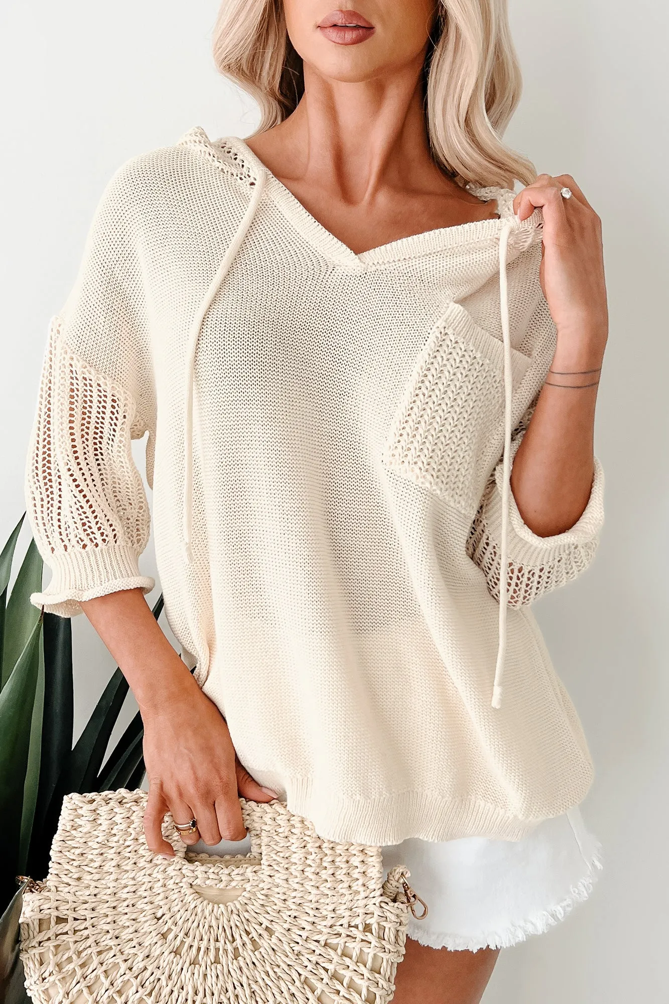 Sanft Bezaubernd Leichter Strickkapuzenpullover (Creme)