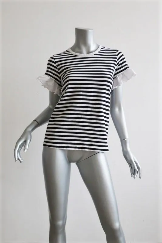 Sonia by Sonia Rykiel Lochblenden-Rüschen-T-Shirt Schwarz/Weiß Gestreift Gr. S