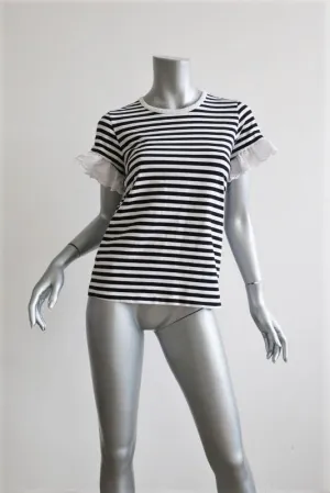 Sonia by Sonia Rykiel Lochblenden-Rüschen-T-Shirt Schwarz/Weiß Gestreift Gr. S