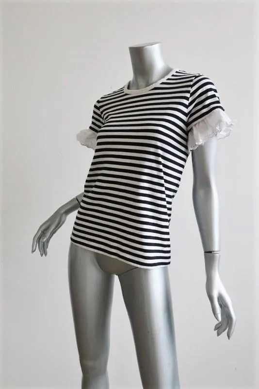Sonia by Sonia Rykiel Lochblenden-Rüschen-T-Shirt Schwarz/Weiß Gestreift Gr. S