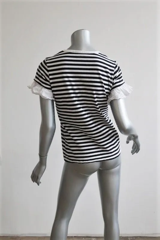 Sonia by Sonia Rykiel Lochblenden-Rüschen-T-Shirt Schwarz/Weiß Gestreift Gr. S