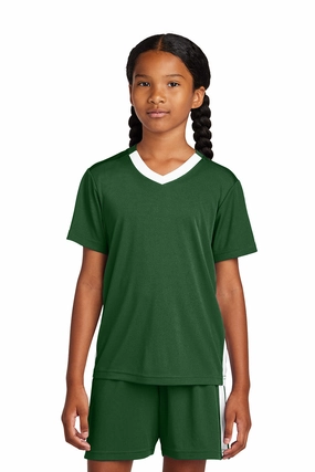 Sport-Tek Youth Moisture Wicking Competitor United Short Sleeve V-Neck T-Shirt - Forest Green/White