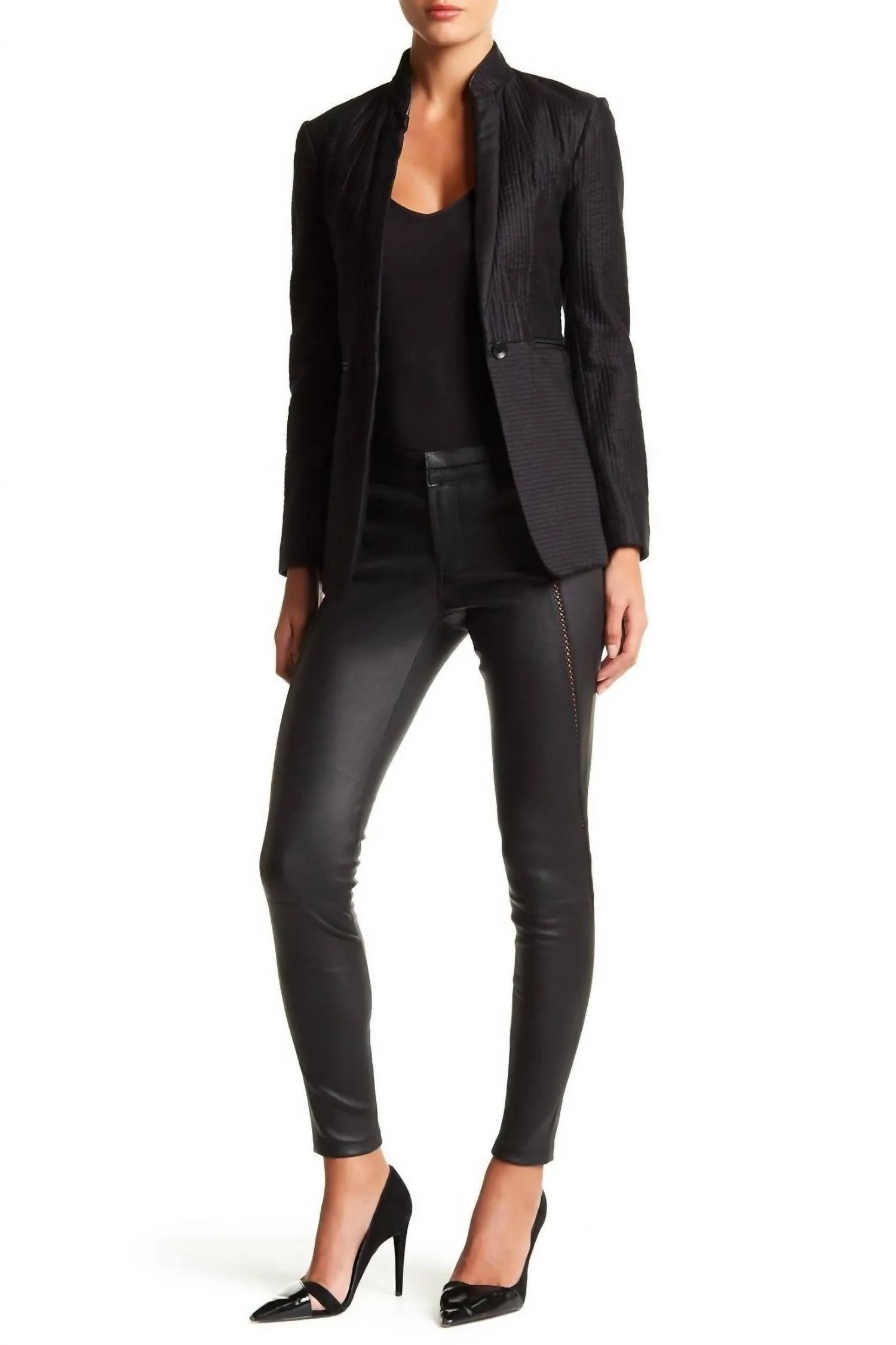 Genahtes Leggings aus echtem Lammleder in Schwarz
