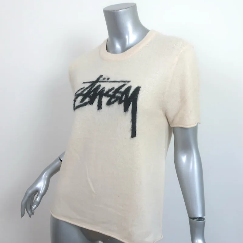 Stussy Sidney Logo T-Shirt Elfenbein Gebürsteter Strick Größe Small Kurzarm Pullover
