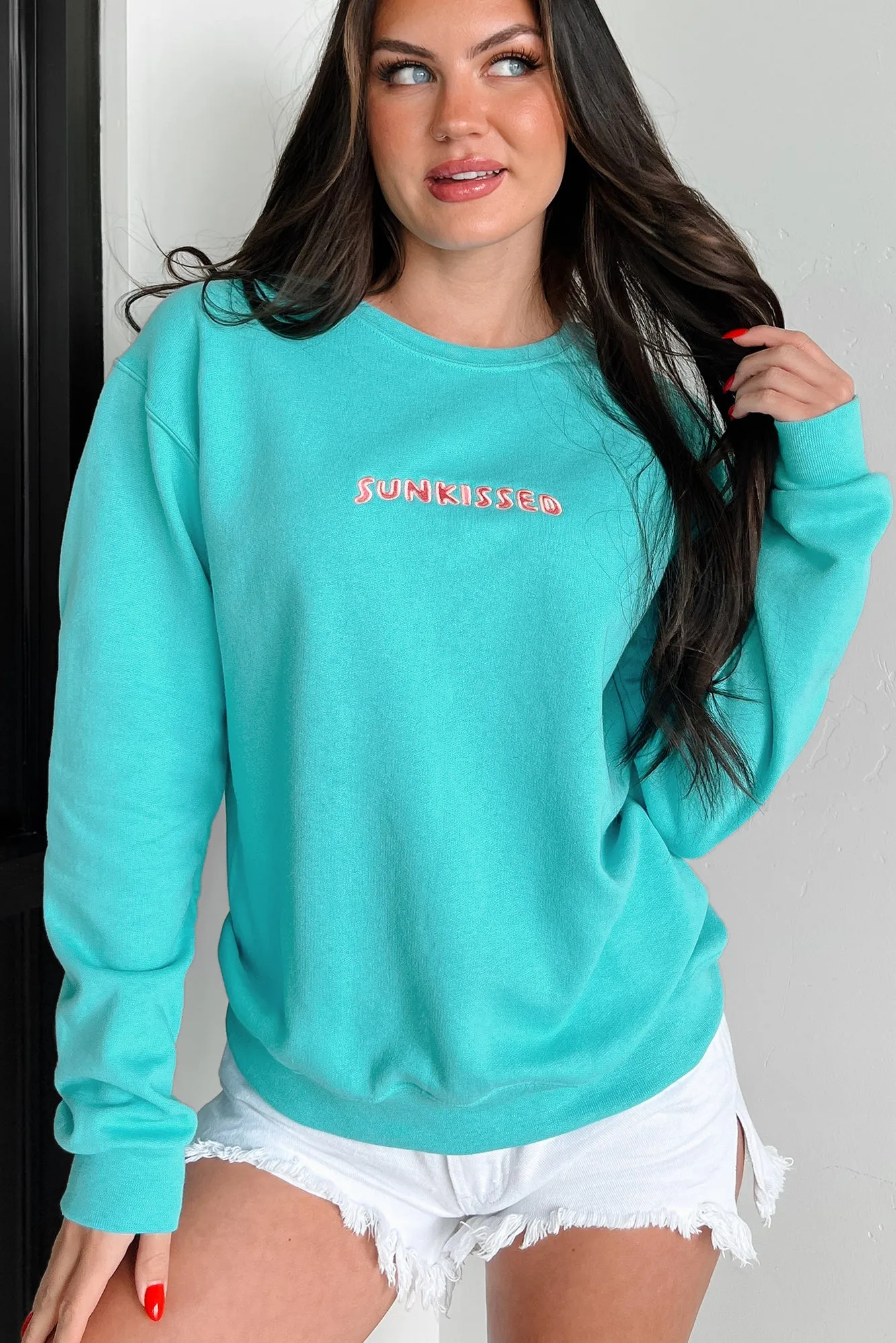 Perfekt sonnenverwöhnt besticktes Sweatshirt (Petrol)
