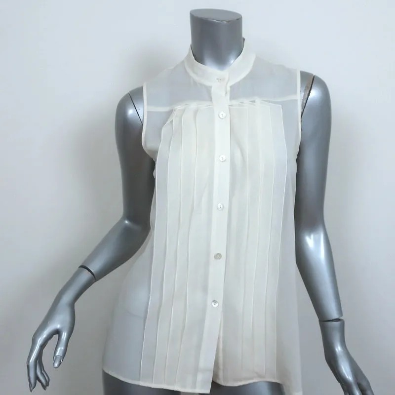 Theory Ärmellose Bluse Olim Creme Plissiertes Dehnbares Satin-Chiffon Größe Petite