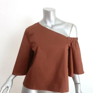Tibi Ein-Schulter-Top Braun Satin Poplin Größe 4 Kurzarmbluse