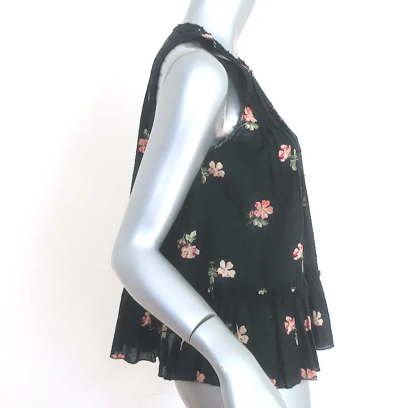 Ulla Johnson Cecile Ruffle Tank Top Schwarz Blumenmuster Schweizer Punkt Baumwolle Größe 2