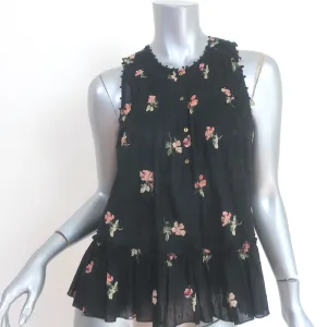 Ulla Johnson Cecile Ruffle Tank Top Schwarz Blumenmuster Schweizer Punkt Baumwolle Größe 2