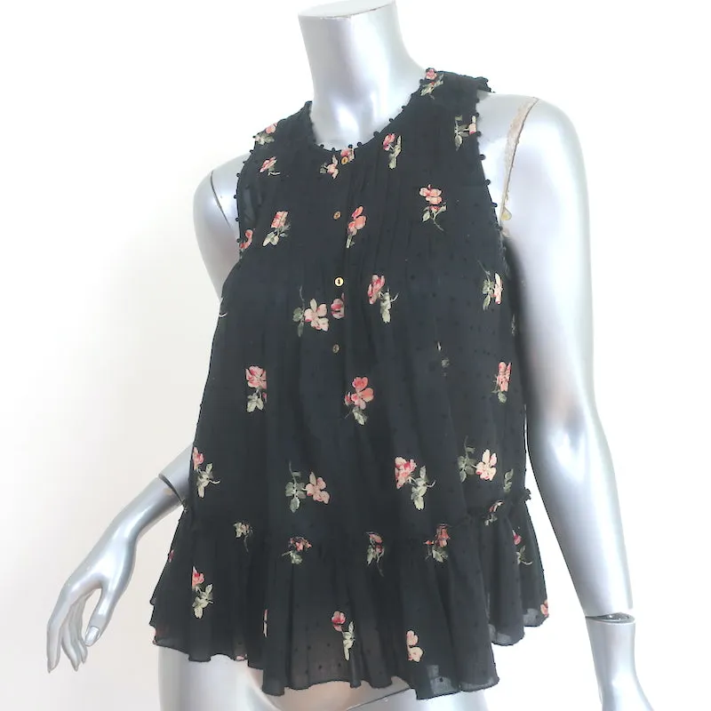 Ulla Johnson Cecile Ruffle Tank Top Schwarz Blumenmuster Schweizer Punkt Baumwolle Größe 2