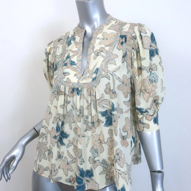 Ulla Johnson Desdra Top Cremefarben Gedruckte Seide Größe 6 Puffärmel Bluse