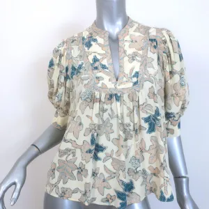 Ulla Johnson Desdra Top Cremefarben Gedruckte Seide Größe 6 Puffärmel Bluse