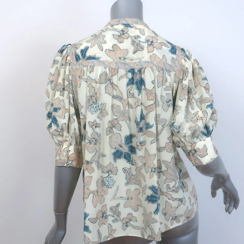 Ulla Johnson Desdra Top Cremefarben Gedruckte Seide Größe 6 Puffärmel Bluse