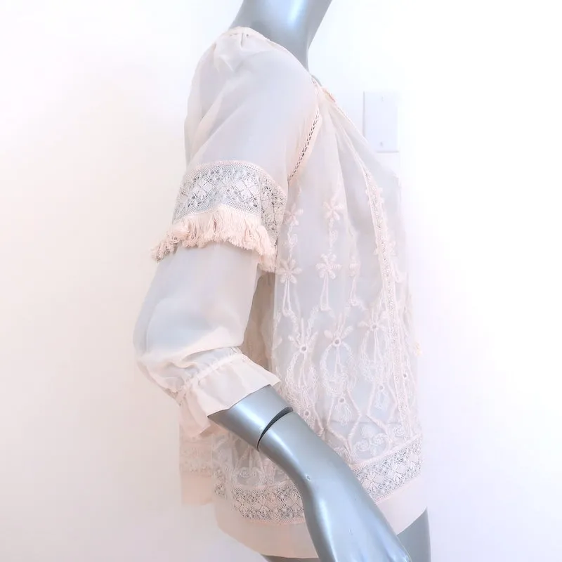 Ulla Johnson Emma Bluse Hellrosa Bestickte Seide Größe 2 Quastenbindung Top NEU