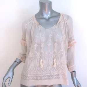 Ulla Johnson Emma Bluse Hellrosa Bestickte Seide Größe 2 Quastenbindung Top NEU