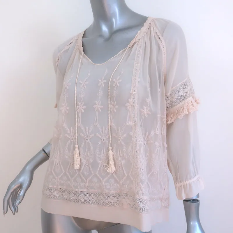 Ulla Johnson Emma Bluse Hellrosa Bestickte Seide Größe 2 Quastenbindung Top NEU