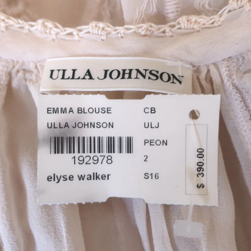 Ulla Johnson Emma Bluse Hellrosa Bestickte Seide Größe 2 Quastenbindung Top NEU