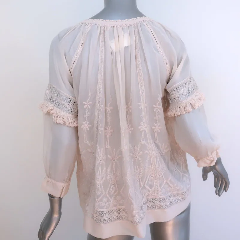 Ulla Johnson Emma Bluse Hellrosa Bestickte Seide Größe 2 Quastenbindung Top NEU