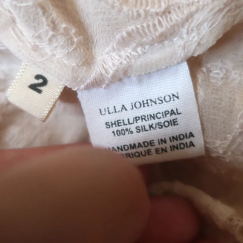 Ulla Johnson Emma Bluse Hellrosa Bestickte Seide Größe 2 Quastenbindung Top NEU