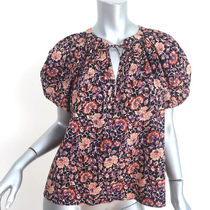 Ulla Johnson Evie Puffärmeliges Oberteil Schwarz/Mehrfarbiger Blumenprint Baumwollmix Größe 0