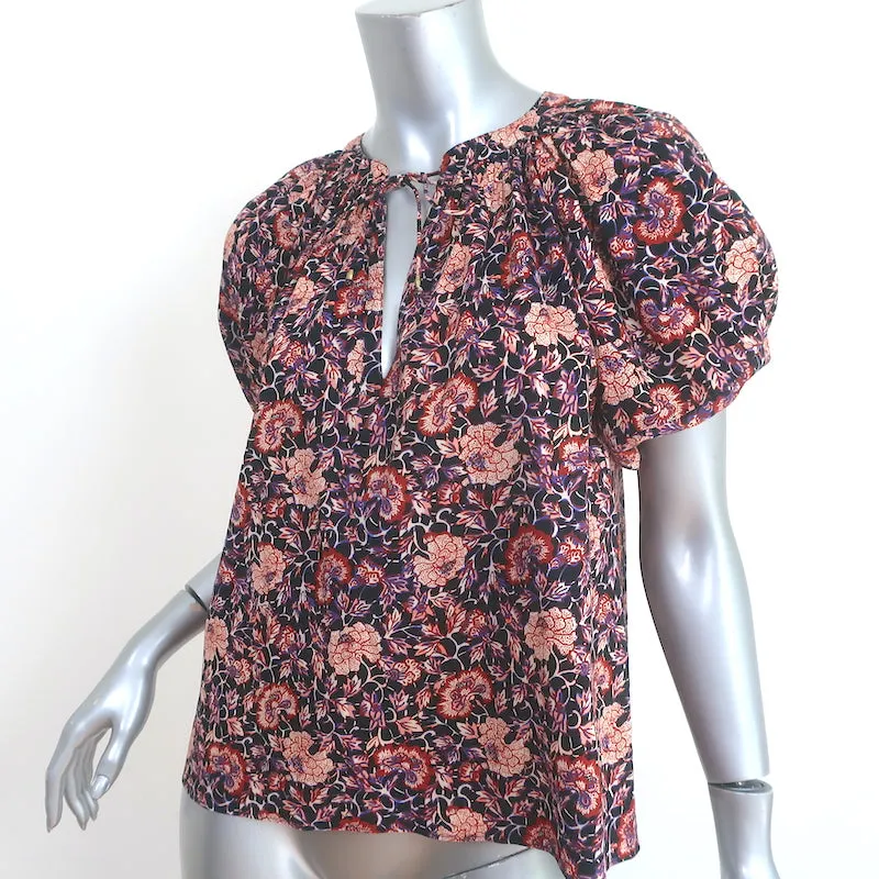 Ulla Johnson Evie Puffärmeliges Oberteil Schwarz/Mehrfarbiger Blumenprint Baumwollmix Größe 0