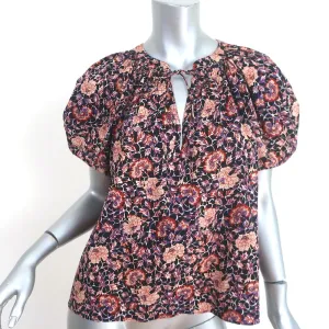 Ulla Johnson Evie Puffärmeliges Oberteil Schwarz/Mehrfarbiger Blumenprint Baumwollmix Größe 0