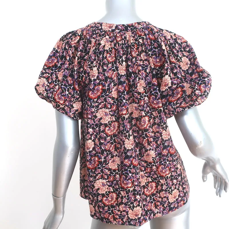 Ulla Johnson Evie Puffärmeliges Oberteil Schwarz/Mehrfarbiger Blumenprint Baumwollmix Größe 0