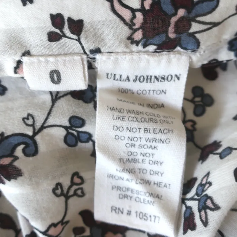 Ulla Johnson Kati Rüschenbluse Weiß Blumenmuster Baumwolle Größe 0 Langarm Top