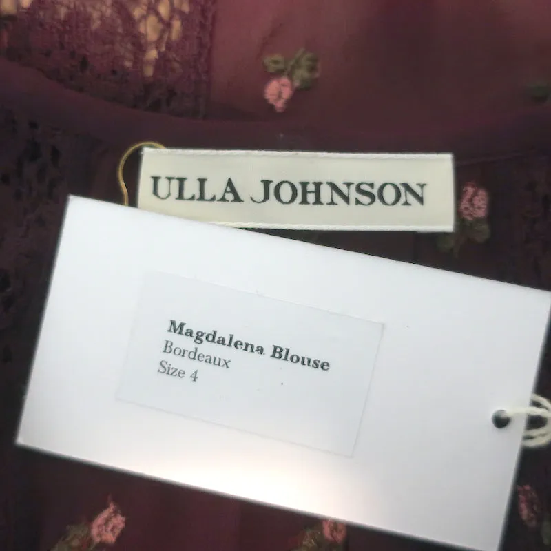 Ulla Johnson Magdalena Top Bordeaux Blumenbestickte Georgette Größe 4 NEU