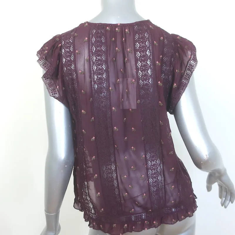 Ulla Johnson Magdalena Top Bordeaux Blumenbestickte Georgette Größe 4 NEU