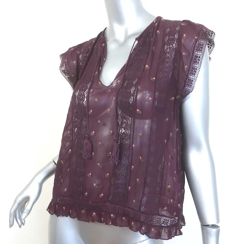Ulla Johnson Magdalena Top Bordeaux Blumenbestickte Georgette Größe 4 NEU