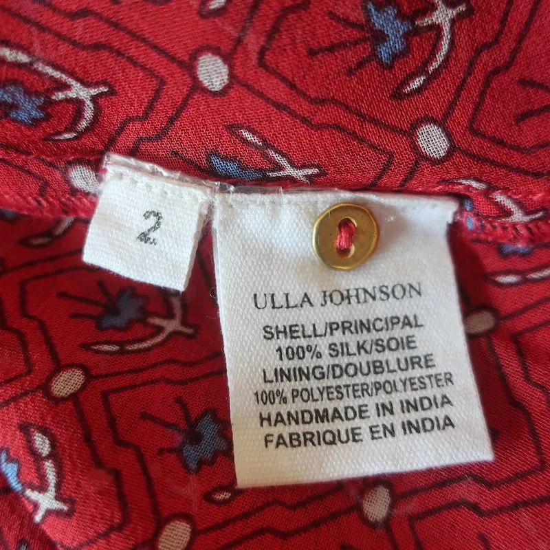 Ulla Johnson Minou Bluse Rot Paisley-Print Chiffon Größe 2 Langarm Top NEU