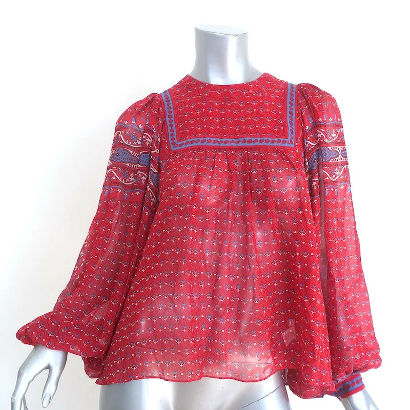 Ulla Johnson Minou Bluse Rot Paisley-Print Chiffon Größe 2 Langarm Top NEU