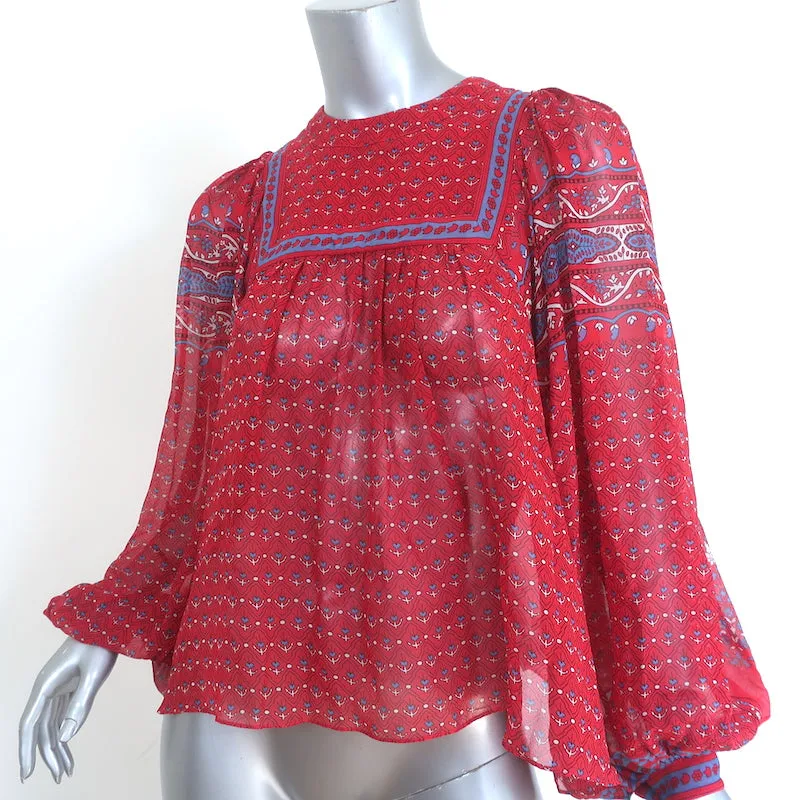 Ulla Johnson Minou Bluse Rot Paisley-Print Chiffon Größe 2 Langarm Top NEU