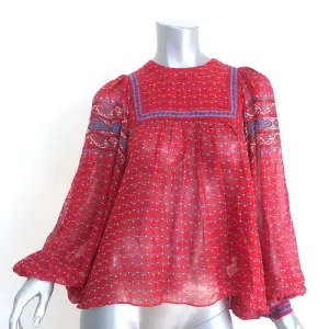Ulla Johnson Minou Bluse Rot Paisley-Print Chiffon Größe 2 Langarm Top NEU