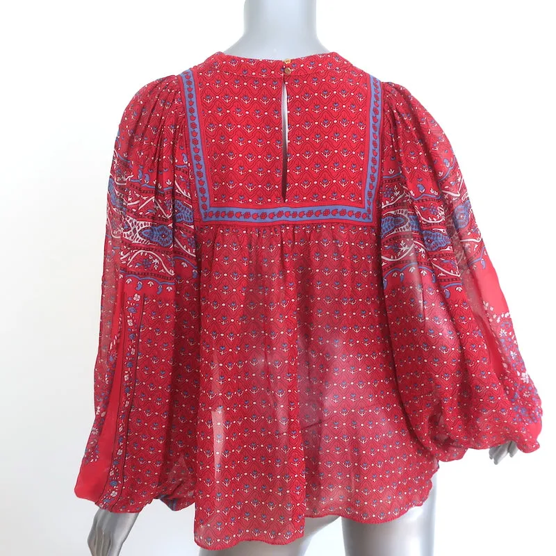 Ulla Johnson Minou Bluse Rot Paisley-Print Chiffon Größe 2 Langarm Top NEU