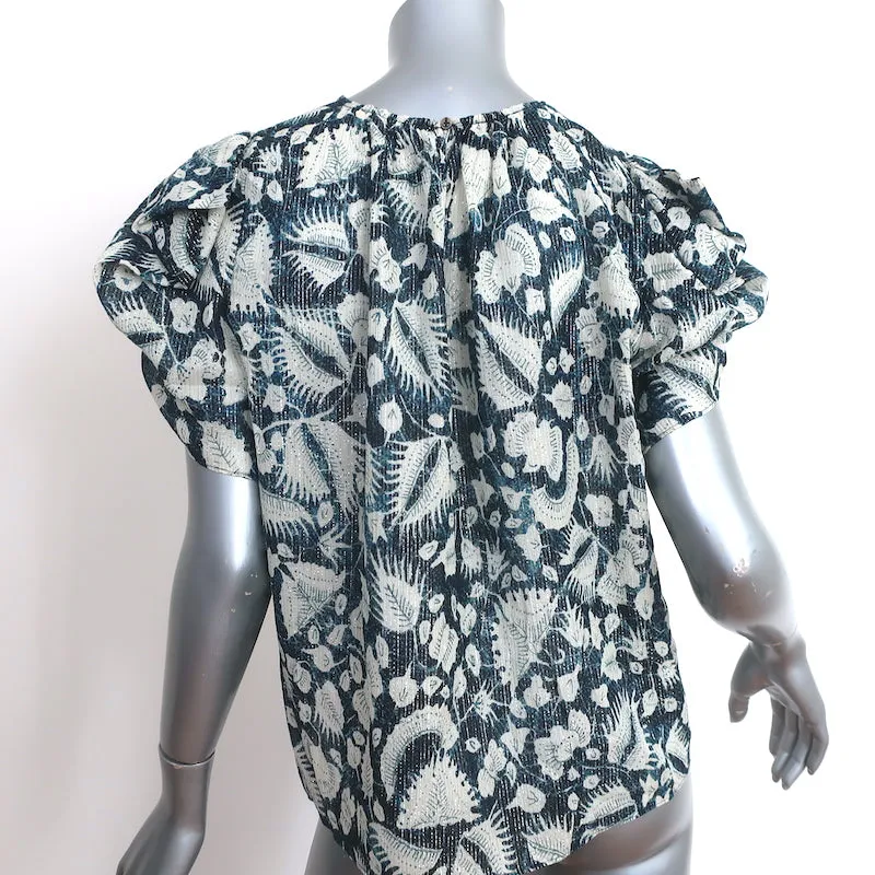 Ulla Johnson Top Nova Indigo Lurex Bluse mit Blumenprint aus Seide in Größe 2 und Puffärmeln