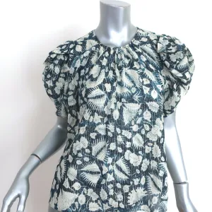 Ulla Johnson Top Nova Indigo Lurex Bluse mit Blumenprint aus Seide in Größe 2 und Puffärmeln