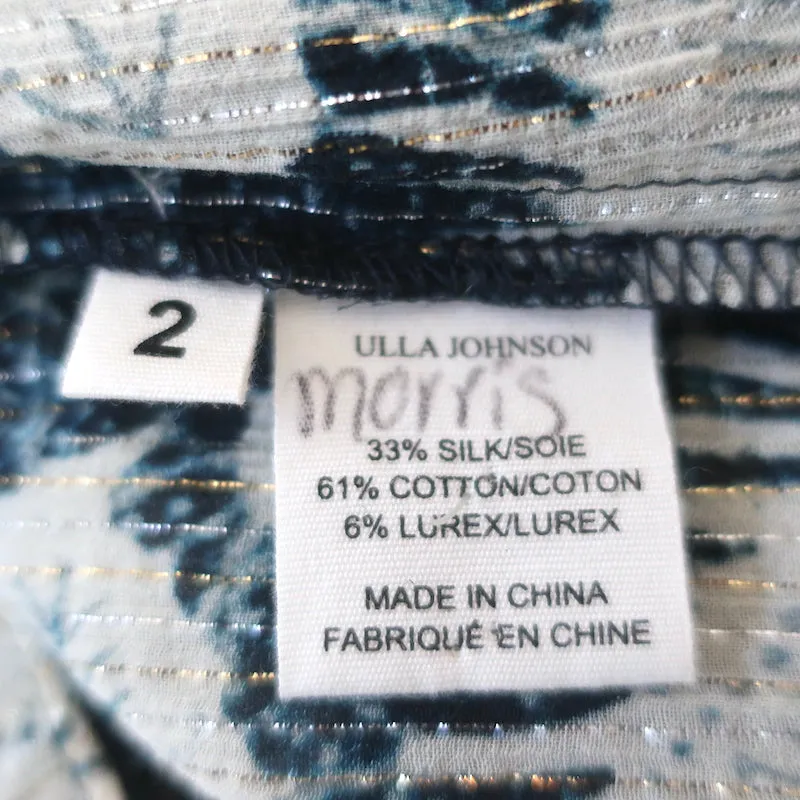 Ulla Johnson Top Nova Indigo Lurex Bluse mit Blumenprint aus Seide in Größe 2 und Puffärmeln