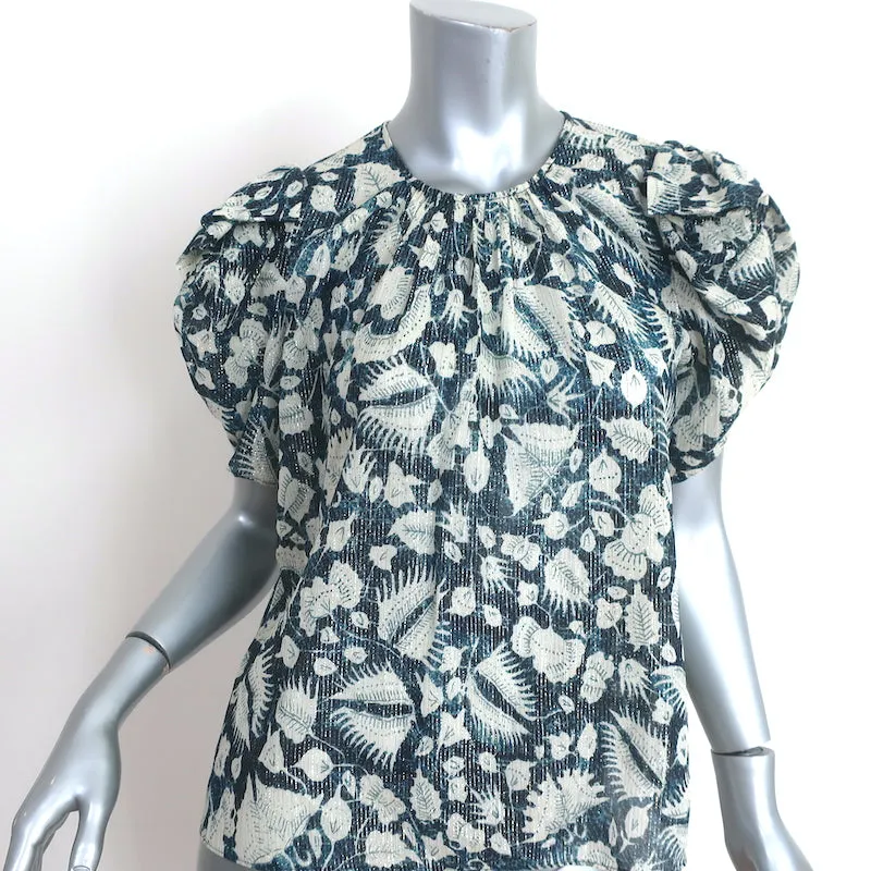 Ulla Johnson Top Nova Indigo Lurex Bluse mit Blumenprint aus Seide in Größe 2 und Puffärmeln