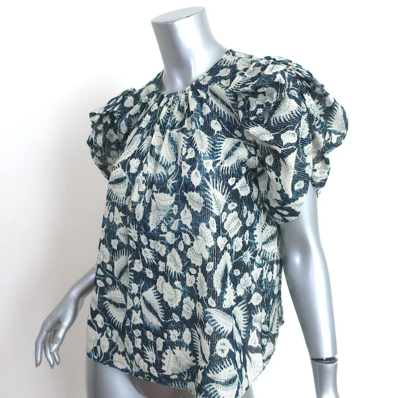 Ulla Johnson Top Nova Indigo Lurex Bluse mit Blumenprint aus Seide in Größe 2 und Puffärmeln