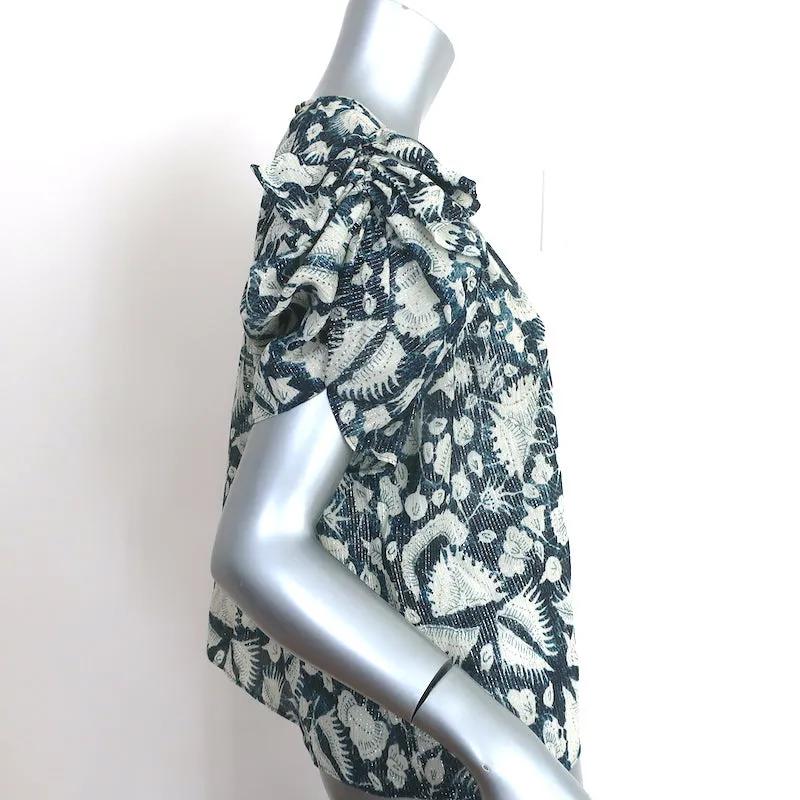 Ulla Johnson Top Nova Indigo Lurex Bluse mit Blumenprint aus Seide in Größe 2 und Puffärmeln