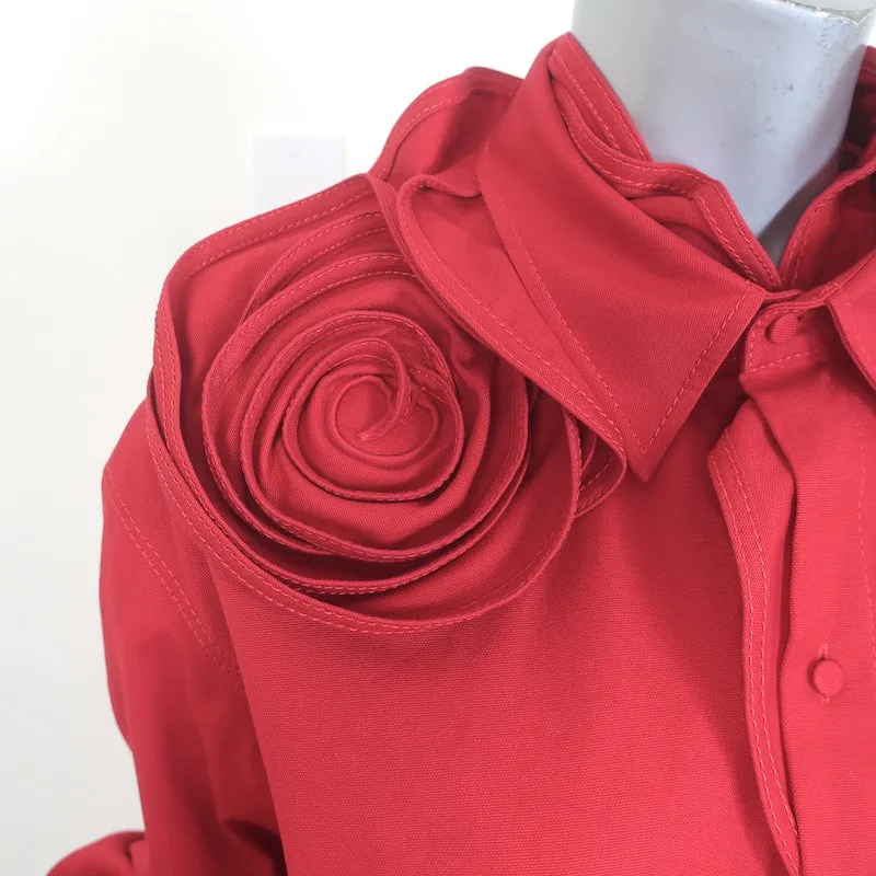 Valentino Rosette Kragenhemd Rot Stretch Baumwolle Größe 42 Langarm Oberteil