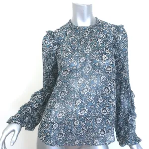 Veronica Beard Carolina Bluse Blau Blumenmuster Seide Größe 2 Rüschenärmel Top