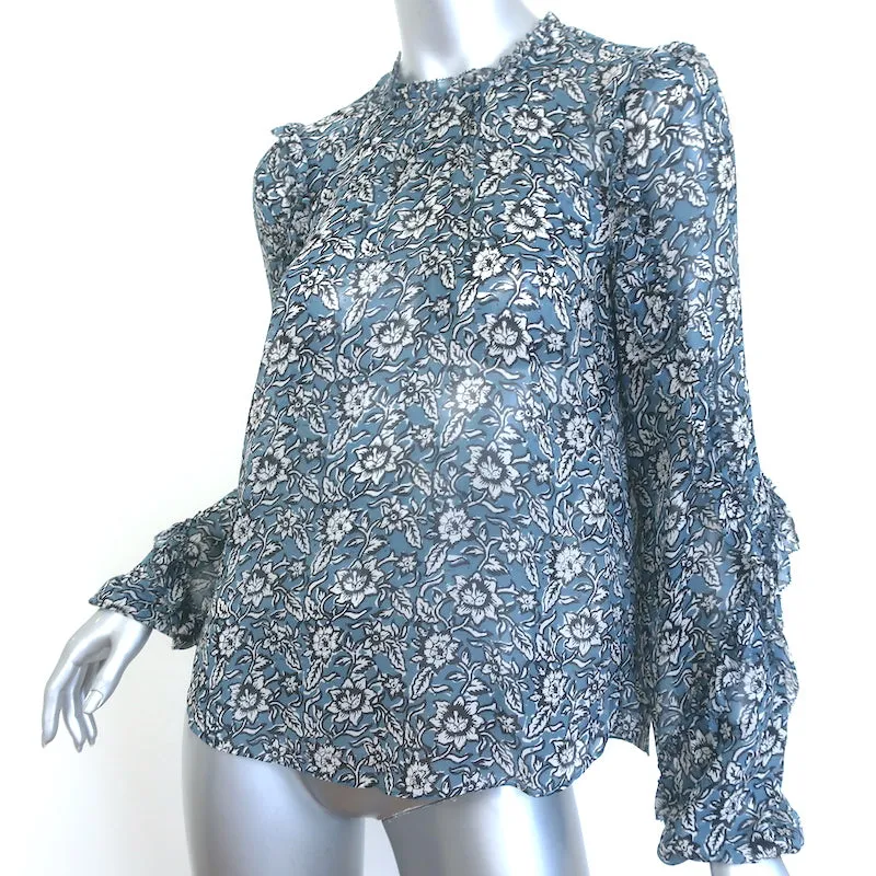 Veronica Beard Carolina Bluse Blau Blumenmuster Seide Größe 2 Rüschenärmel Top