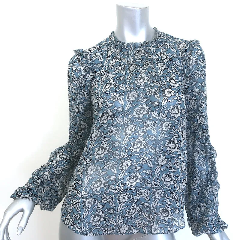 Veronica Beard Carolina Bluse Blau Blumenmuster Seide Größe 2 Rüschenärmel Top