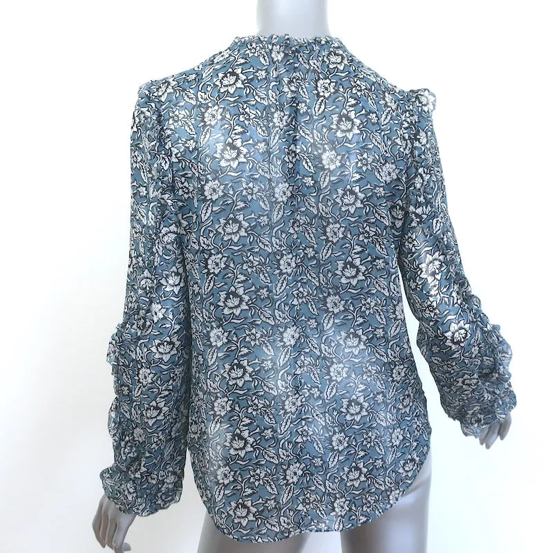 Veronica Beard Carolina Bluse Blau Blumenmuster Seide Größe 2 Rüschenärmel Top
