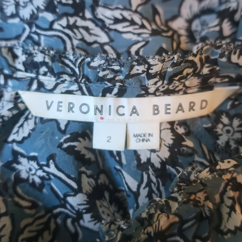 Veronica Beard Carolina Bluse Blau Blumenmuster Seide Größe 2 Rüschenärmel Top