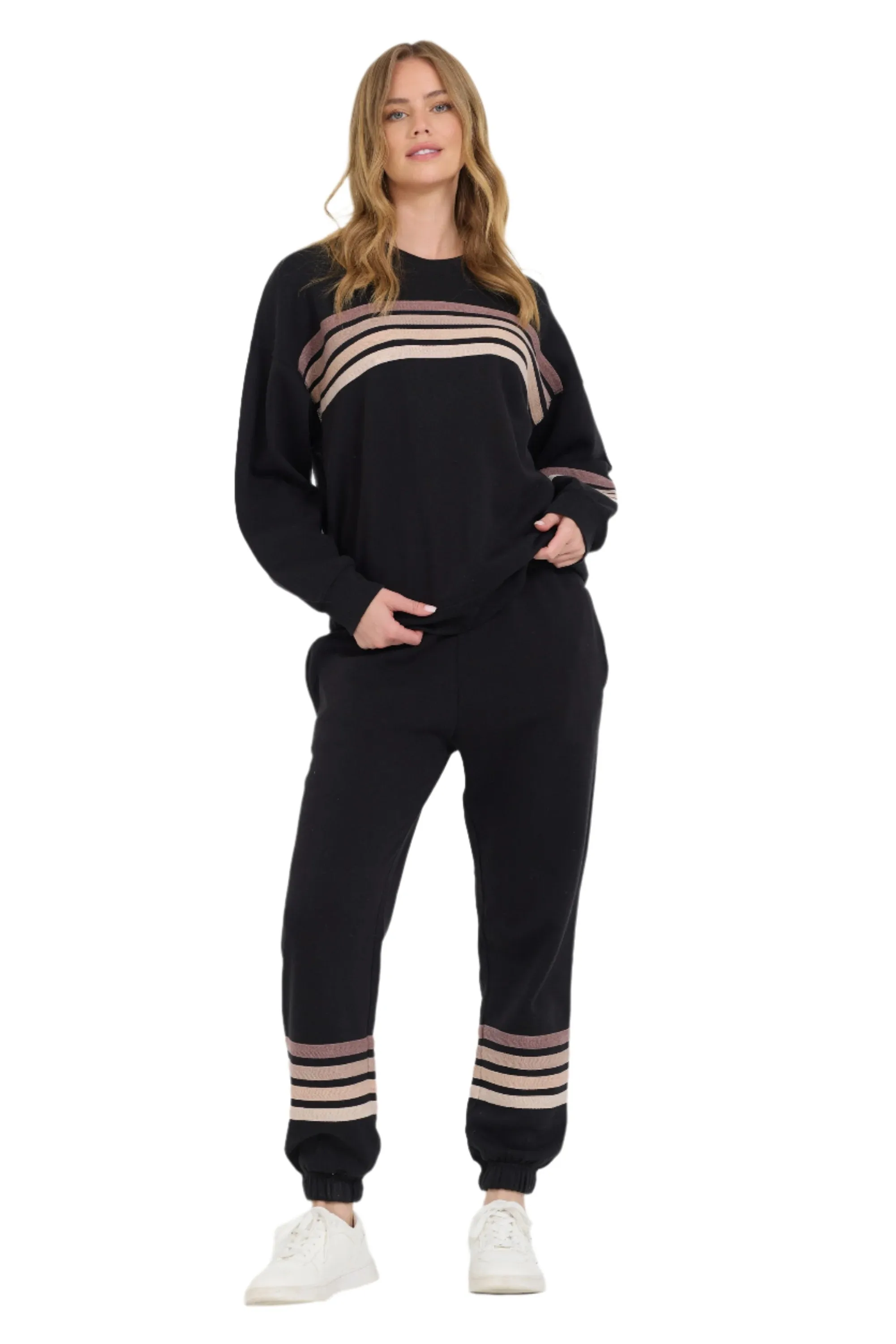 Vintage Havana Neutraler Streifen Burnout-Fleece-Jogger VH12620 Schwarz